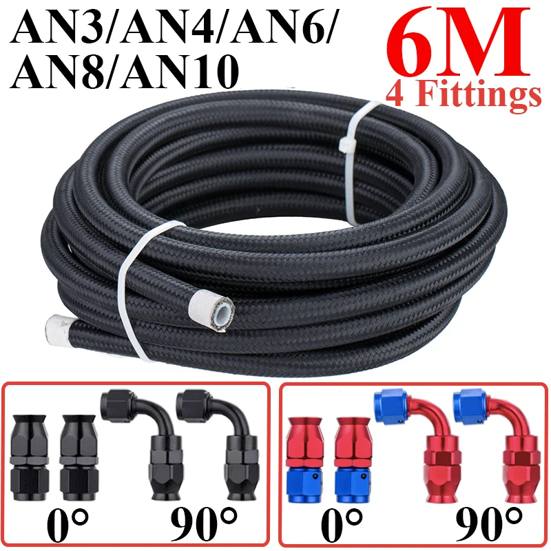 

6M AN3 AN4 AN6 AN8 E85 PTFE Fuel Hose Car Oil Gas Cooler Hose Line Pipe Tube Nylon 0 90 Degree Swivel Hose End Fittings Adaptor