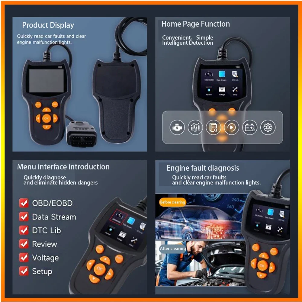 

v611 Автомобильный сканер OBD2, инструменты, детектор неисправностей, цветной экран, считыватель кодов OBD2, диагностический инструмент