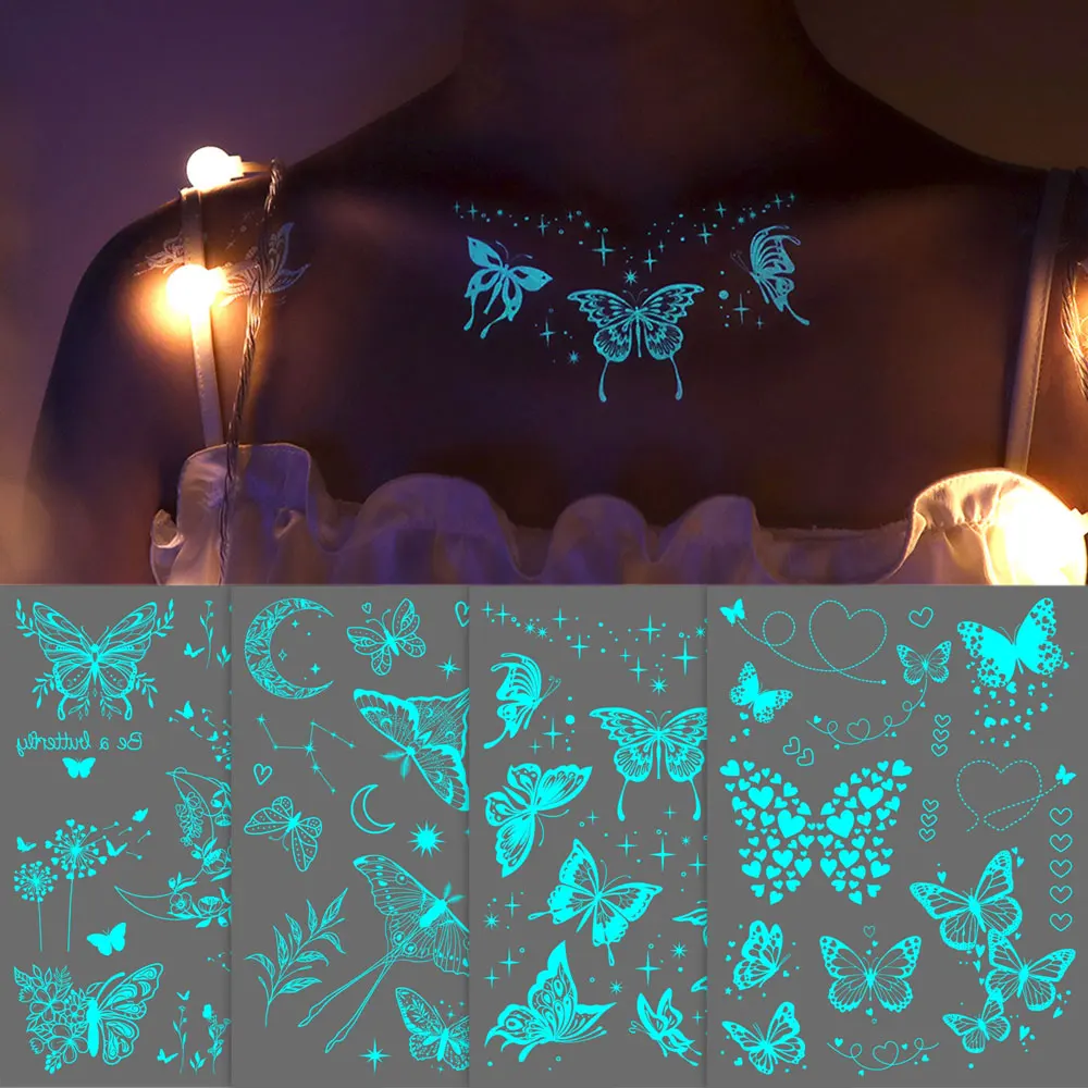 1pc Blue Luminous Fake Tattoos for Women, Butterfly Tattoo Stickers for Hand Fingers Wrists Glow In The Dark Temporary Tattoo