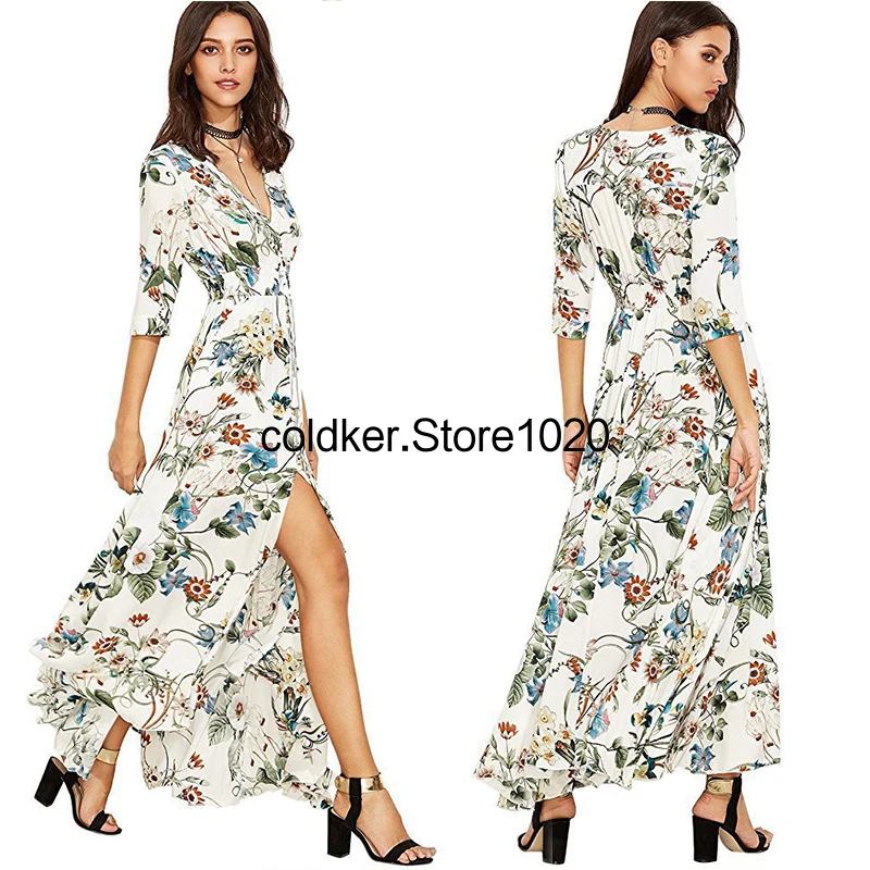 Women Bohemian Vintage Ethnic Floral Print Dress Holiday Style V Neck Short Sleeve Loose Split Long Holiday Beach Dress.