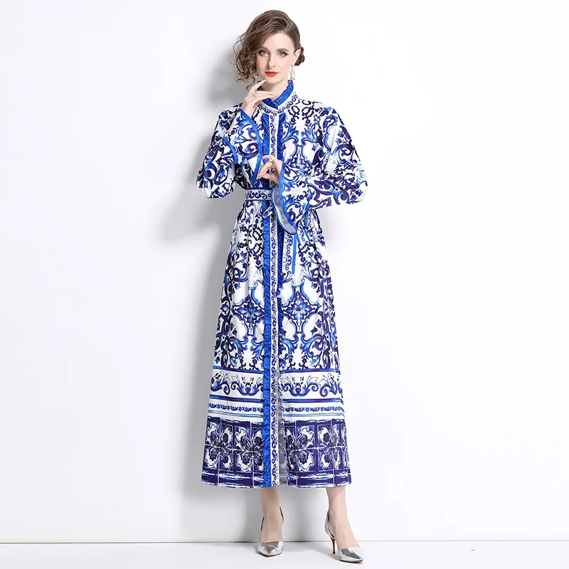 Runway Red Blue And White Porcelain Print Holiday Maxi Dress Women's Stand Single Breasted Loose Lace Up Belt Long Robe Vestido