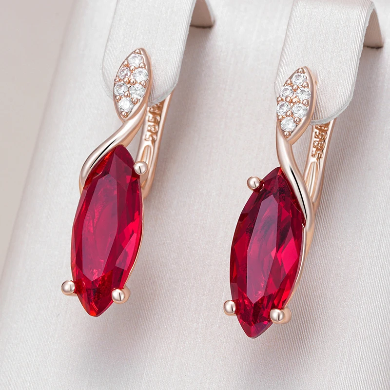 Kinel Hot Rhombus Red Natürlicher Zirkon Lange Tropfenohrringe für Frauen 585er Roségold Farbe Hochwertiger täglicher feiner Vintage-Schmuck