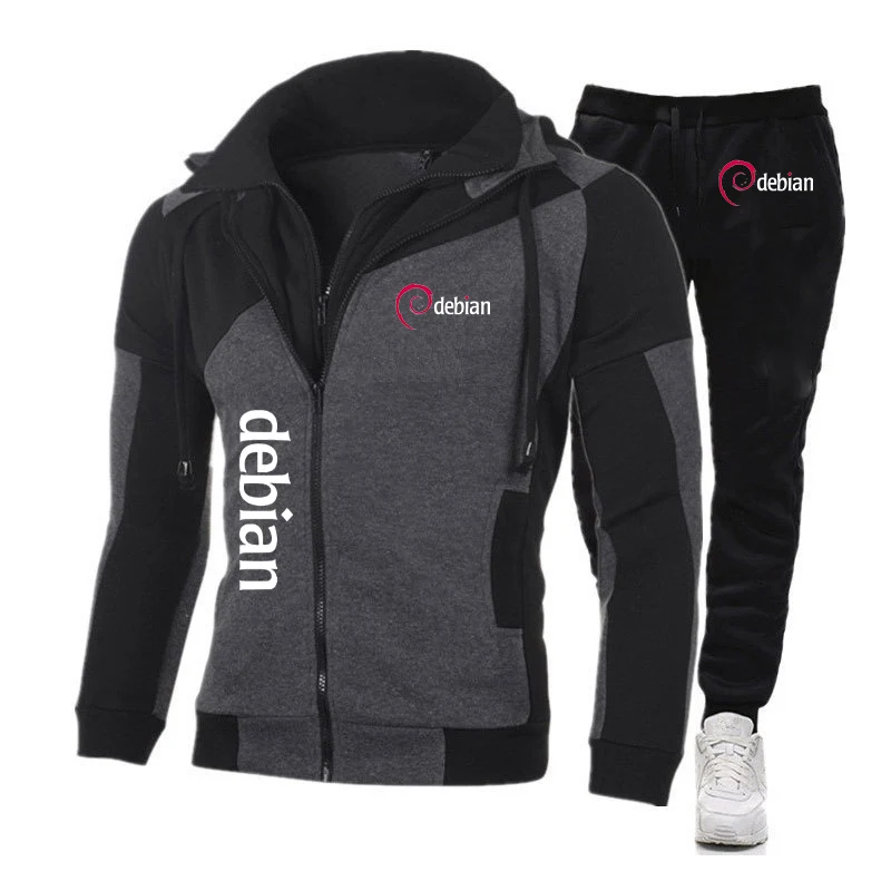 2024 Linux Debian New Men primavera e autunno pantaloni con cappuccio abbinati ai colori Harajuku comodi abiti Casual con cerniera obliqua