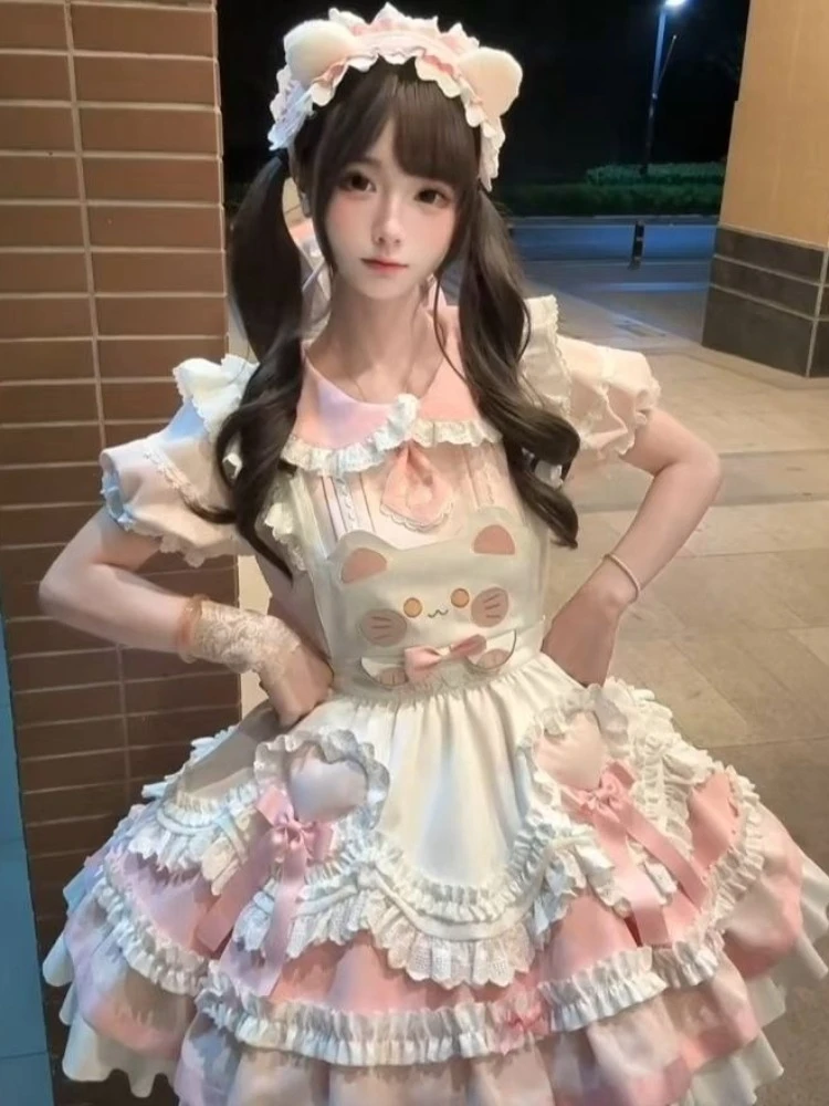 

Новые милые женские комплекты из 2 предметов в стиле японской Лолиты Y2k Kawaii Bow Design Dress + кружевной милый фартук с ремешком Модные женские винтажные наряды