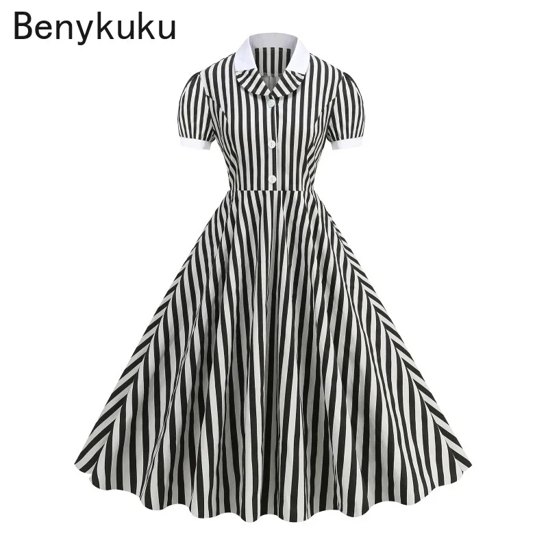 

Black White Striped Button Up Vintage Dress Short Sleeve Summer Clothes Women Elegant 50s Style Swing Long Dresses Ropa Mujer