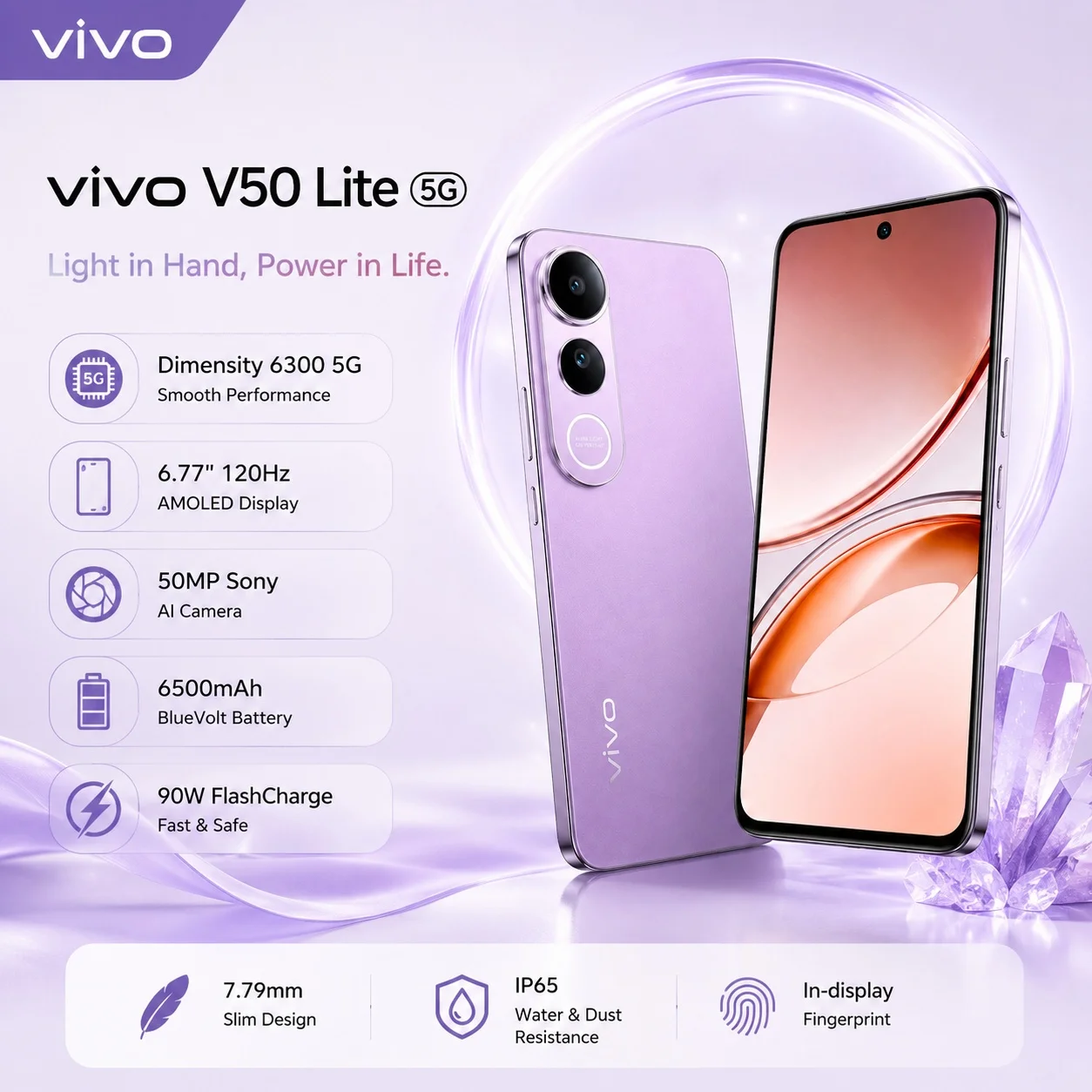 New vivo V50 Lite 5G Smartphone 8GB+256GB, Dimensity 6300, UFS 2.2 Storage, 120Hz AMOLED, 6500mAh Battery, 90W FlashCharge, IP65