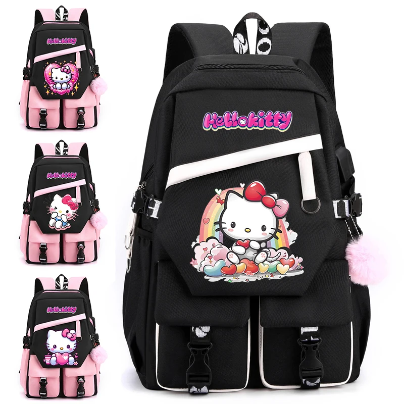 Sac à dos Hello Kitty Cartoon pour adolescents, sac à dos de retour à l'école pour filles et garçons, sac à dos en toile Anime pour enfants, sac à dos étudiant pour femmes