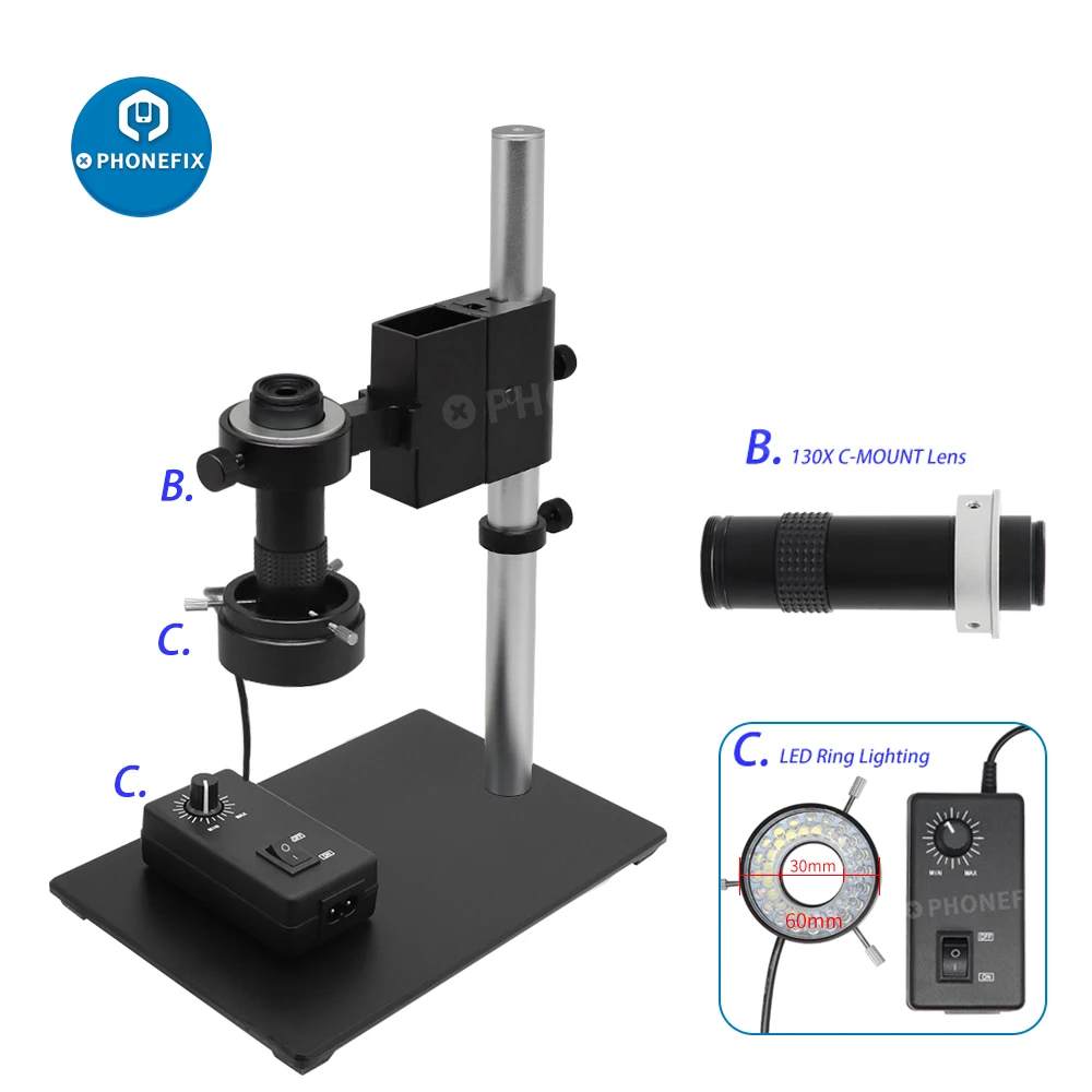 1080P HDMI VGA Industrial Microscope Camera Set Digital Video Industrial Camera 130X C Mount Lens Phone PCB Circuit Board Repair