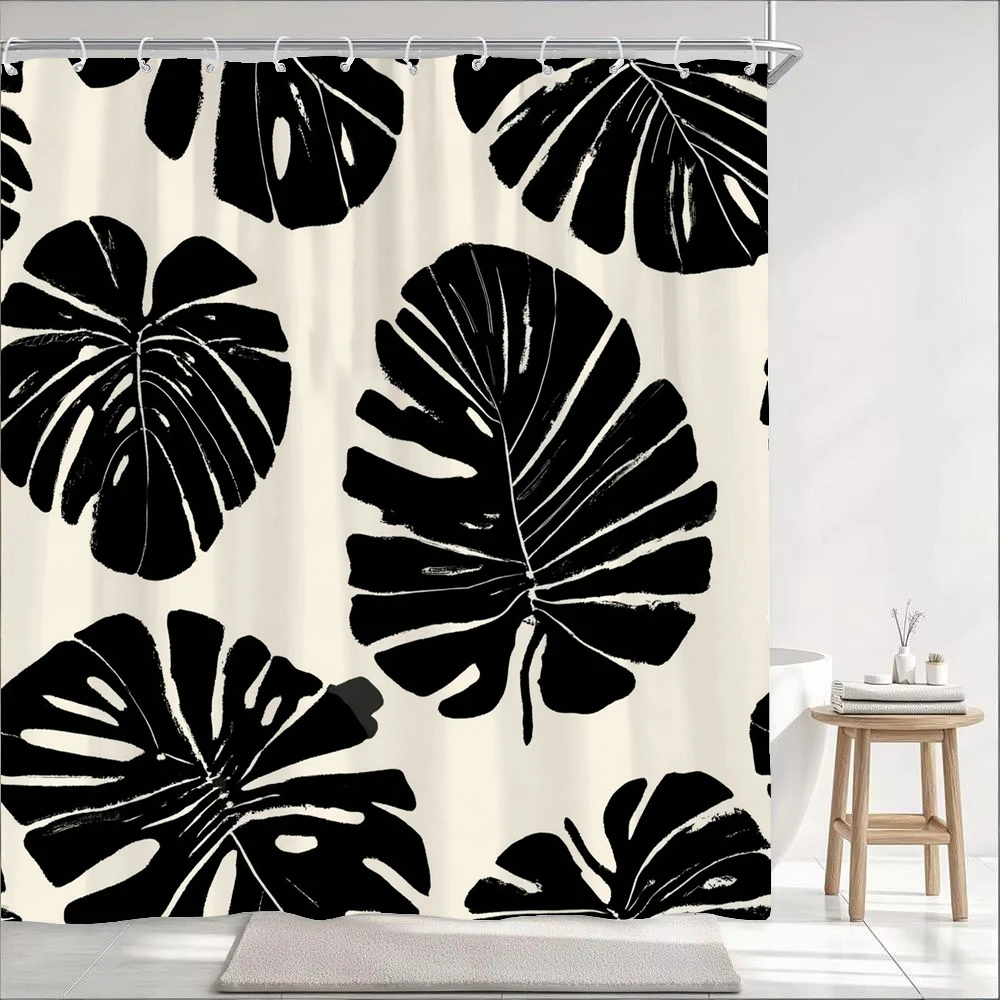 1pc Simple style Leaves Print Polyester Shower Curtain Bathroom Decoration Curtain,Hanging Curtain With Hooks Machine Washable