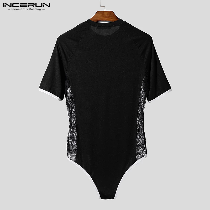 INCERUN الرجال داخلية الدانتيل المرقعة الطباعة قصيرة الأكمام Playsuits الرجال السروال القصير الشارع الشهير مثير انظر من خلال موضة ارتداءها