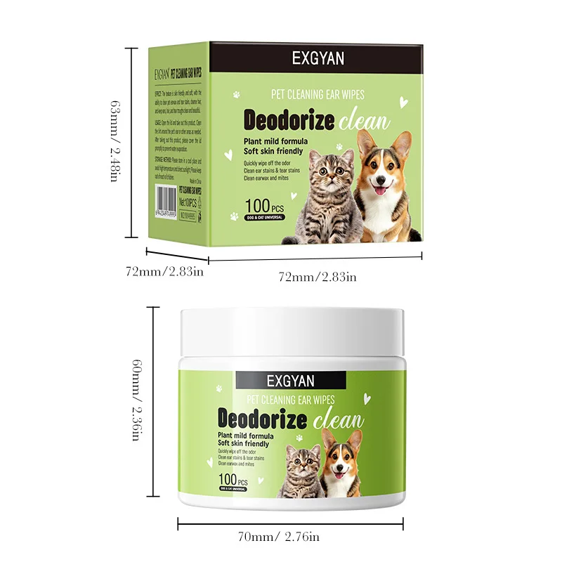 مناديل مبللة قطنية لتنظيف أذن الحيوانات الأليفة تزيل عث أذن القطط، وتخفف الحكة، وتمنع البكتيريا، وبقع المسيل للدموع في القطط والكلاب. وسادات قطنية للأذن