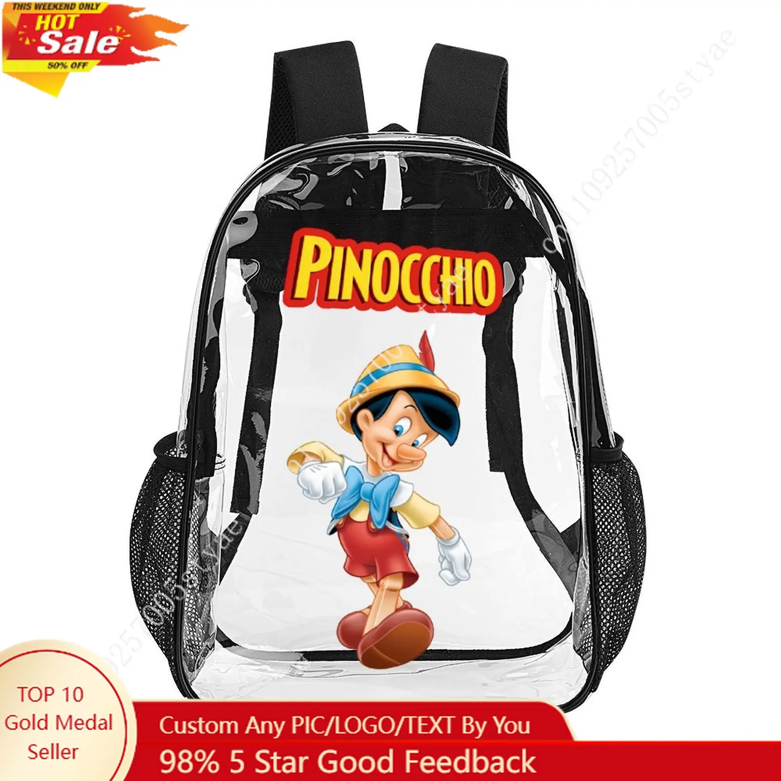 

Pinocchio Transparent Backpack Disney Cartoon Decorative Bag Design Your Photo Logo Text Customized Party Holiday Gift Cosplay
