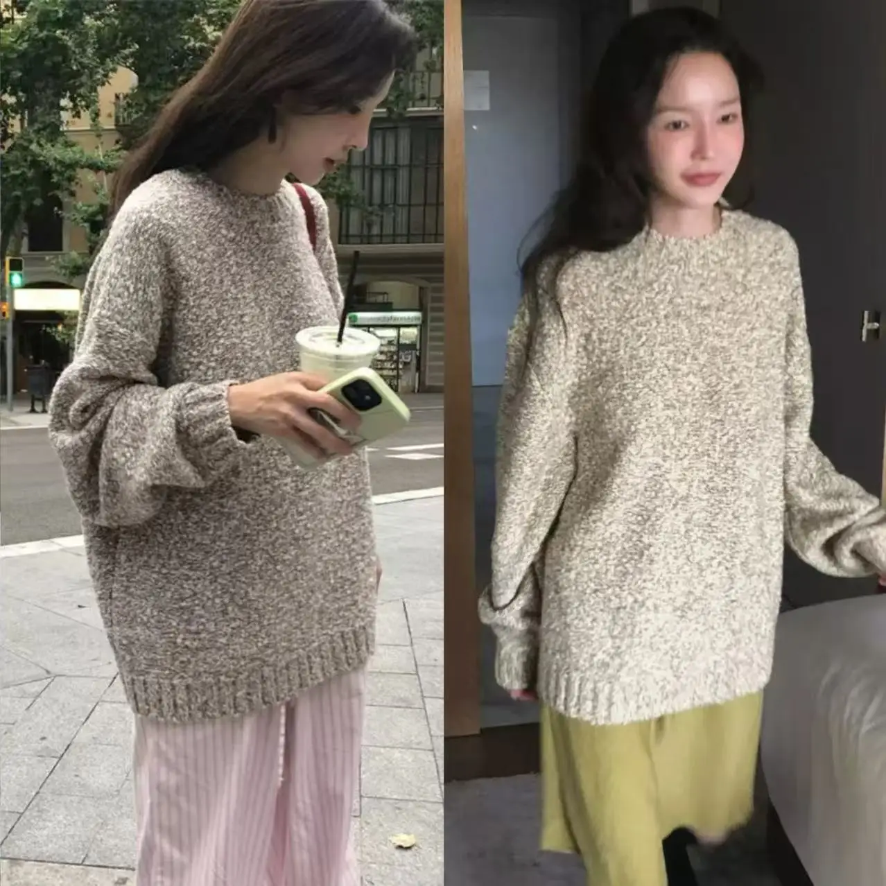 

Soft Loose Women's Knitted Sweater Mocha Oats Mixed Color Korean Sle Long Sve round Ne Casual Wear Daily Faion
