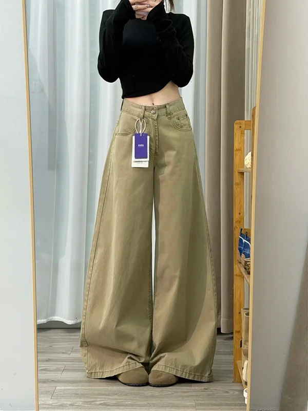 Retro Amerikaanse kaki Fce gevoerde wijde pijpen losvallende Thiened-denimbroek voor dames Casual broek met hoge taille en rechte snit