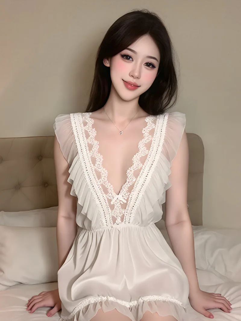 Piżama z szelkami Kobiety Wiosna Lato Nowy Jedwab Cienka Seksowna Koszula Nocna Odzież Domowa Kobieta Koronkowa Sukienka Bez Rękawów Elegancki Głęboki V BBAW