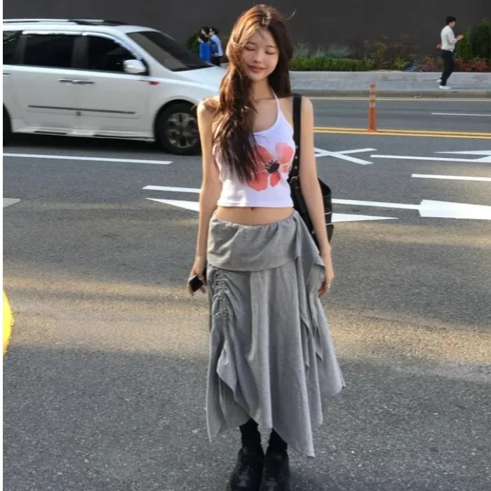 Retro Floral Print Halter Top Slimming Versatile Gathered Skirt Women's Summer Short Style Printed Clothing Halter Neck Design