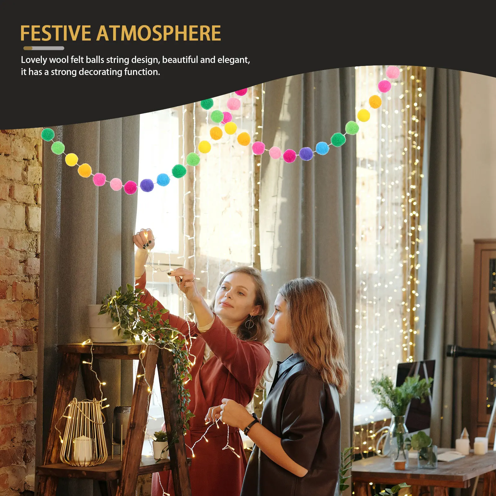 

Felt Ball Pendant Colorful Wool Felt Ball String Household Festival Hanging Ornament Pompom Garland Decorative Party Favor