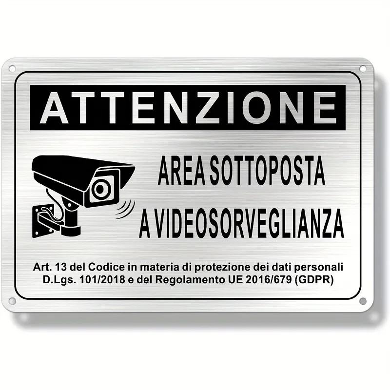 Italian Security Sign 20X30cm – Aluminum Video Surveillance Area Banner, Black & White Alert with Police Camera Ill