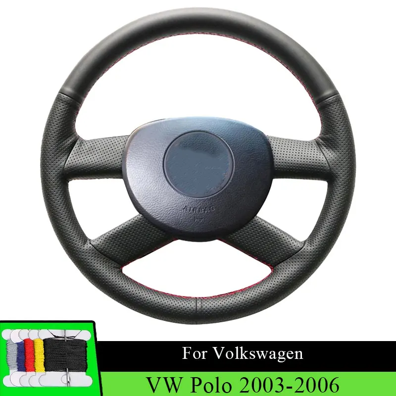

Car Steering Wheel Cover For Volkswagen VW Polo 2003 2004 2005 2006 Fiber leather Car Steering Wrap Hand Sewing Black