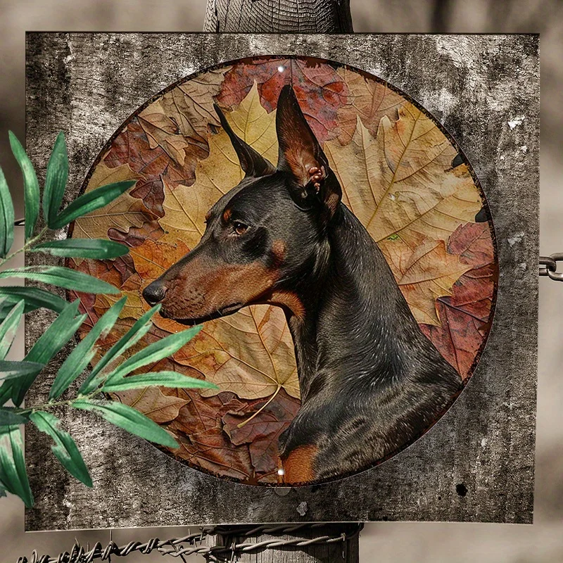 لافتة ألومنيوم مستديرة مقاس 8 × 8 بوصة: لوحة فنية جدارية من دوبيرمان بينشر ذات أوراق مجففة - مقاومة للماء والأشعة فوق البنفسجية لديكور المنزل #6