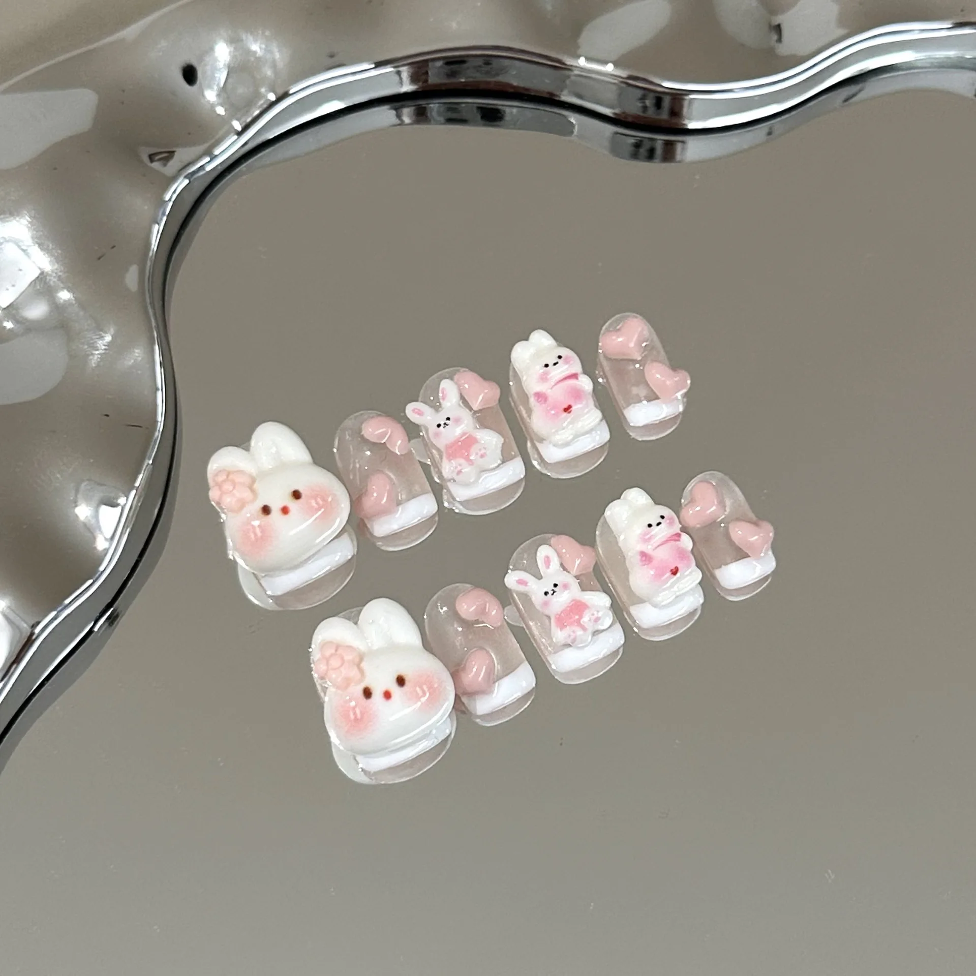 

10pcs Pink Heart Rabbit Handmade Nails White Cartoon French Press on Nail Short Square Fake Nail for Women&Girl False Nail Art