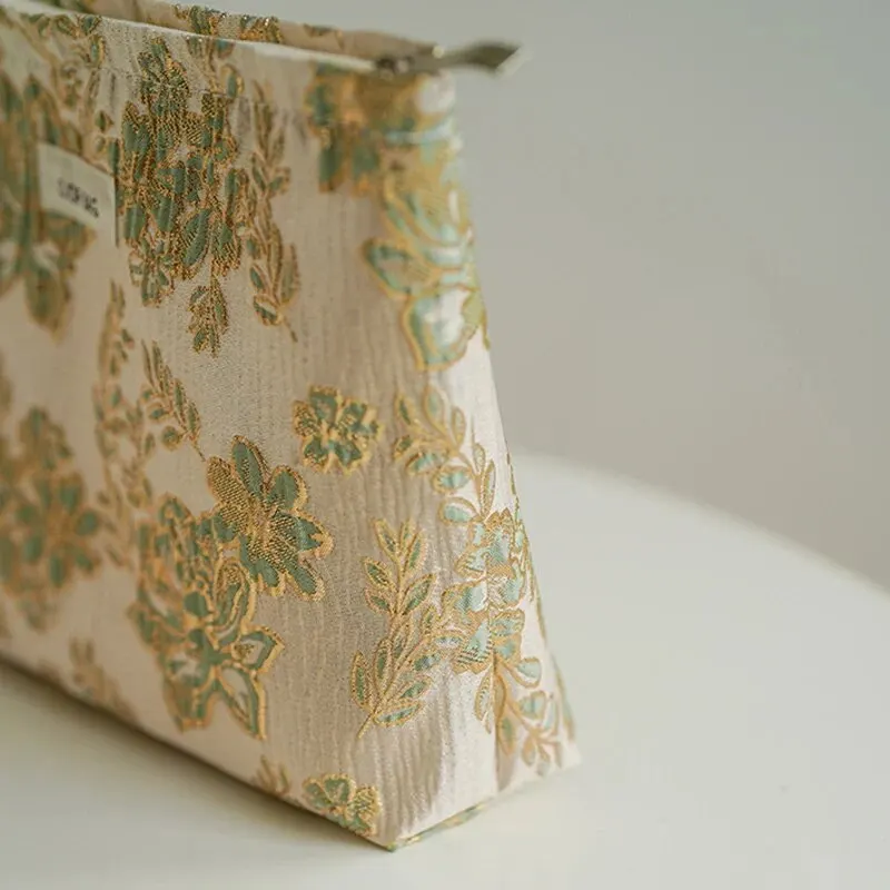 Borsa per il trucco da donna fiori d\'oro verde borsa per il cuscino d\'aria del rossetto di grande capacità borsa da toilette portatile con frizione