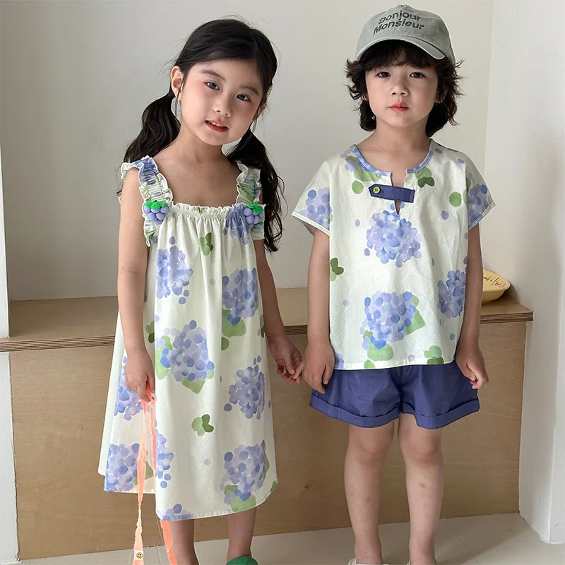 Siblings' Outfit 1-8Y Children's Summer Clothing Grape Printed Short Sleeve Tee+Shorts Boys Casual 2Pcs Girls' Strap Dress