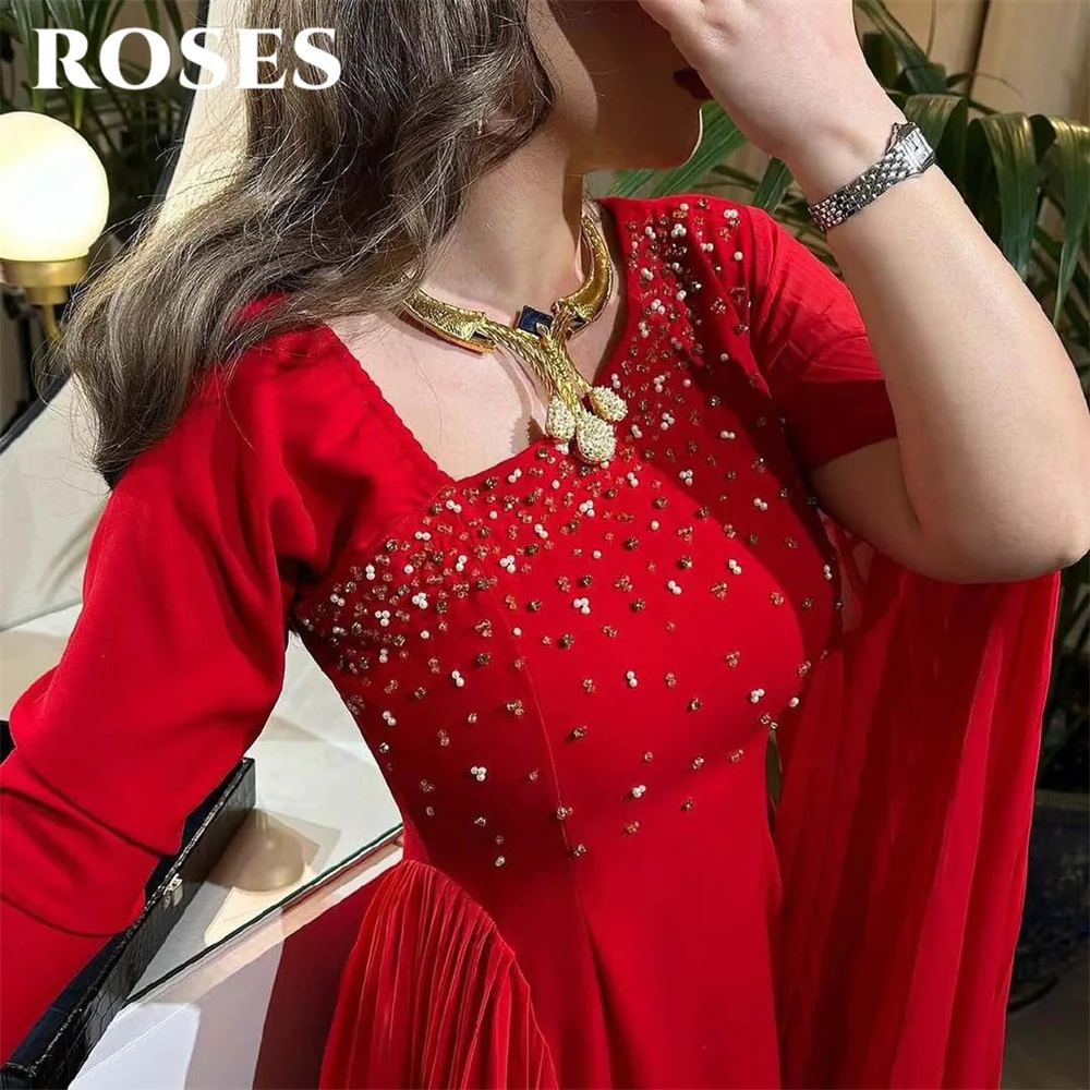 

ROSES Red Beach Party Dress Stain Full Sleeves with Pleats Night Dress Saudi Arabia Sequins Evening Celebrity Dress Customized