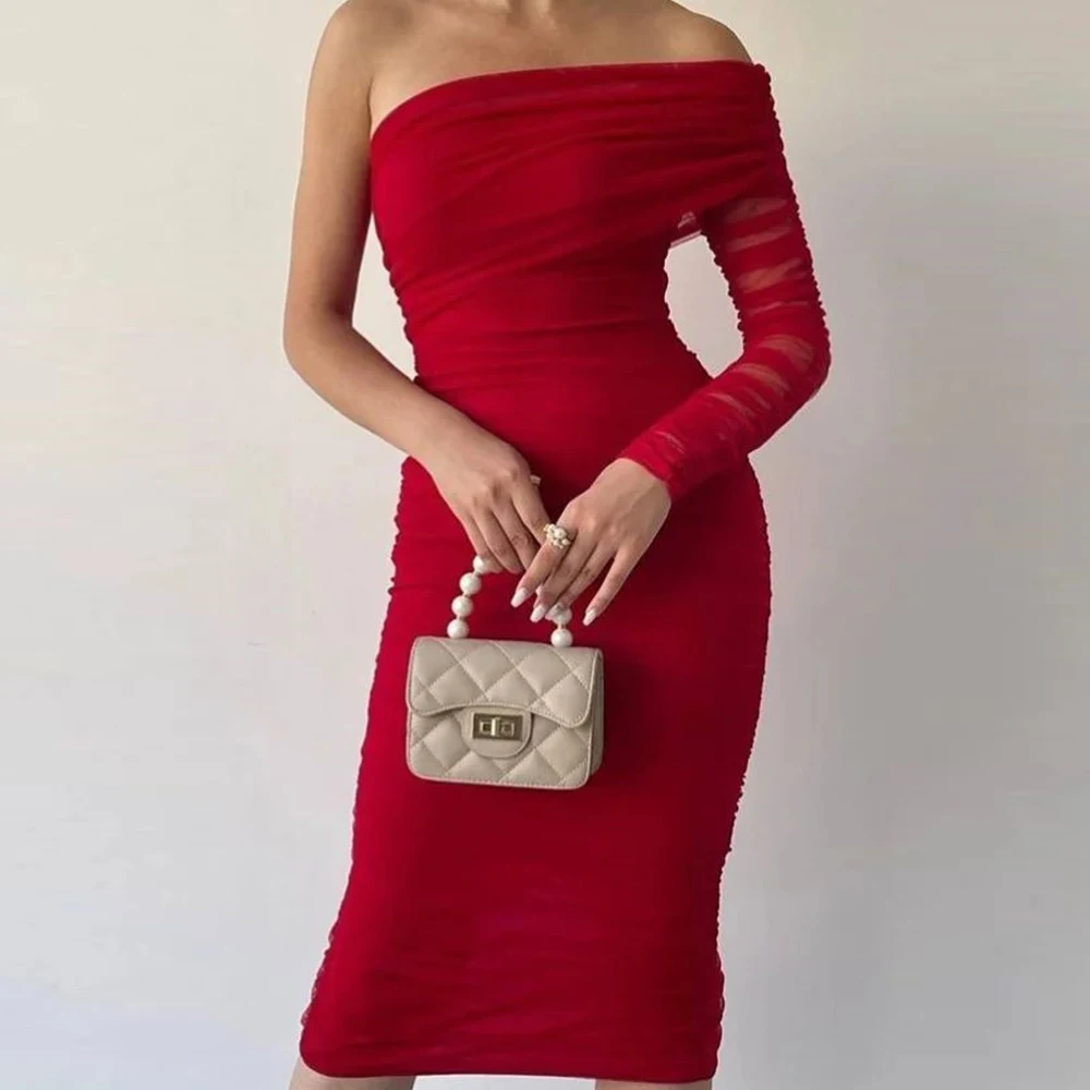 

Red One Shoulder Tea Length Straight Jersey Long Sleeves Evening Dress Sexy Pleats Saudi Arabia Pure color Prom Growns 2024