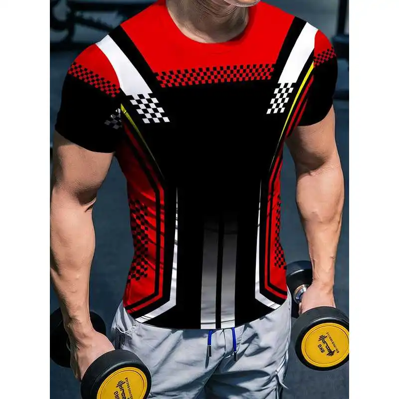Men's Red Black Racing Checkered 3D Print Fitness T Shirt Round Neck High Elastic Tight Top Racing Style Contrast Design Trendy