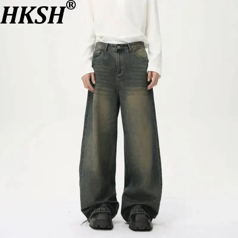 

HKSH Spring New Men Clothing American Cleanfit Straight Wide-Leg Jeans Vintage Loose Denim Pants Retro Chic Ins Vibe Y2K HK24017