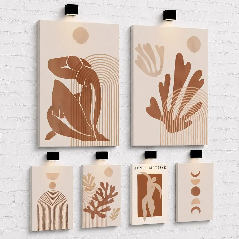 Cuadro de pared con marco de madera y lienzo, estilo bohemio abstracto, con motivos de líneas de coral y tonos beige, ideal para decorar salones, dormitorios, pasillos, oficinas y el hogar.