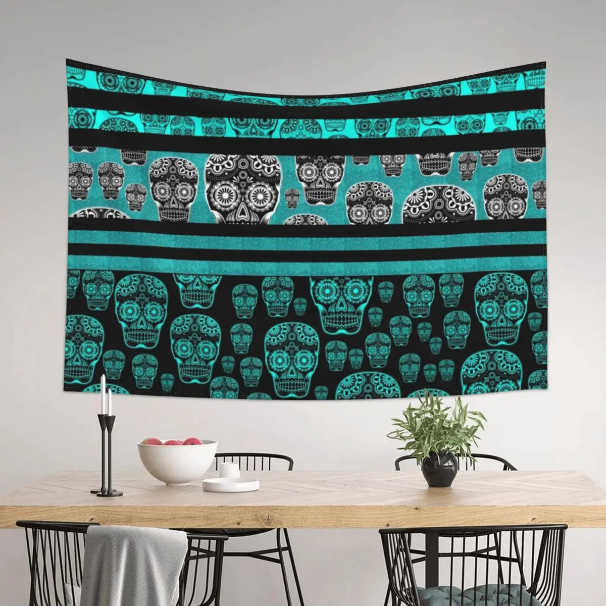 

Blue And Black Candy Skull Pattern Striped Tapestry Room Decor Cute Wall Art Tapestry