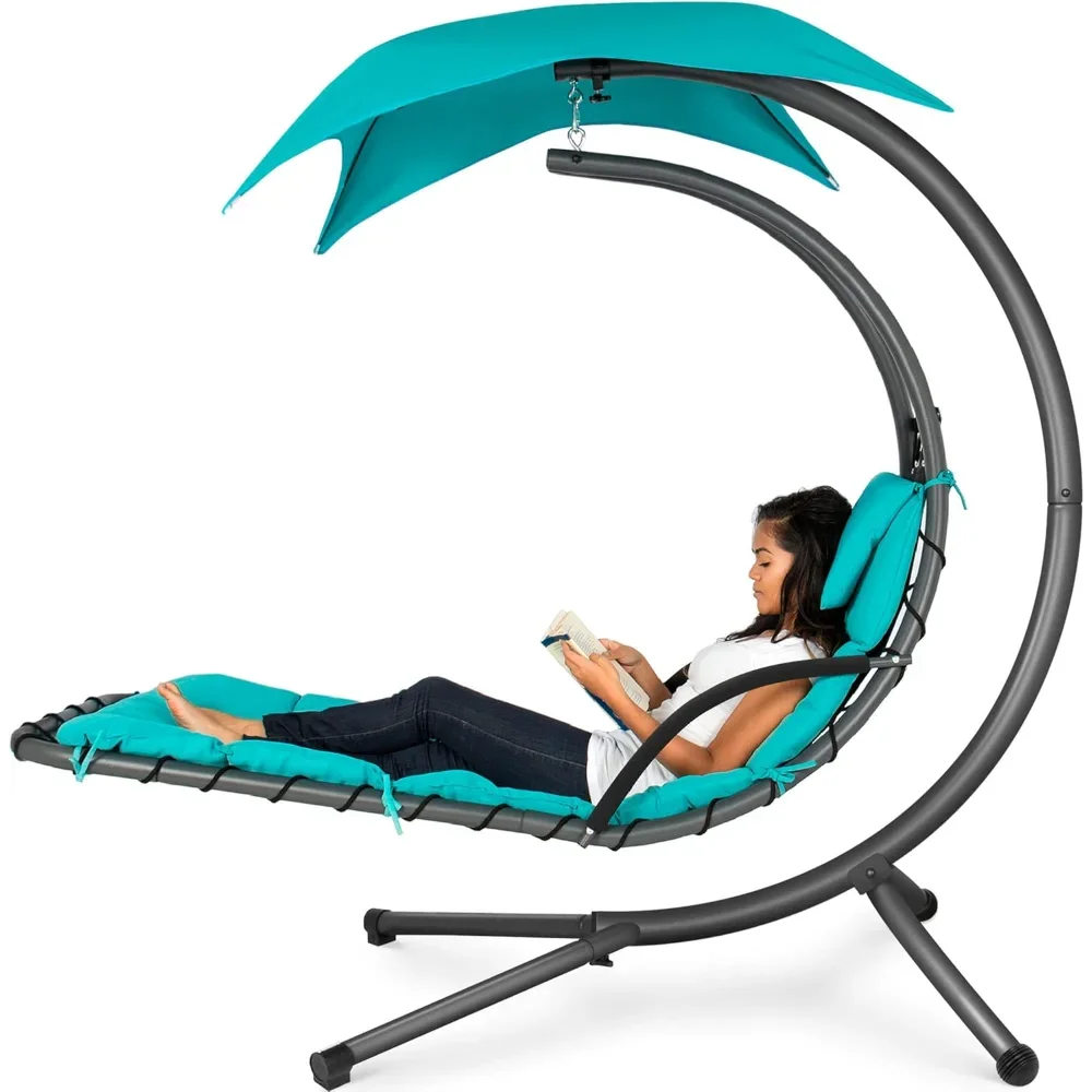 

Outdoor Hanging Curved Steel Chaise Lounge Chair Swing w/Built-in Pillow and Removable Canopy