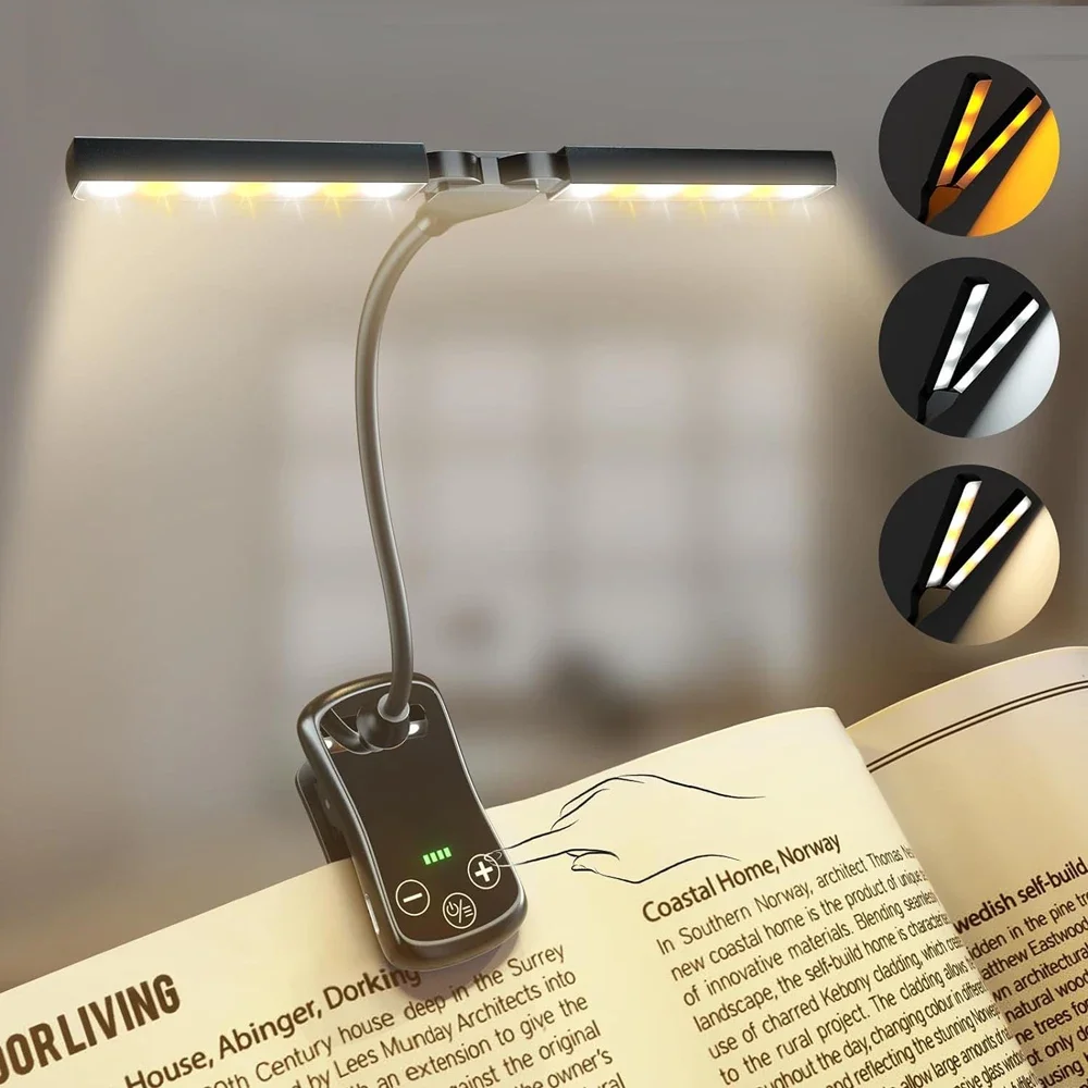 

14 LED Clip On Book Light Dual Heads 3 Colors 8 Brightness USB Rechargeable Night Light Portable Reading Light Book Lamp