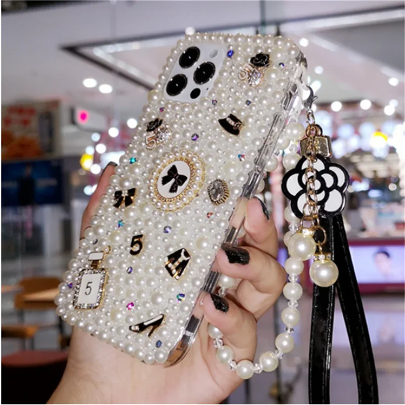 Luxury Bling Diamond Rhinestone Pearl Flower Crystal Case, Phone Case for iPhone 16Pro 15Plus, 14, 13, 12 Mini, 11 Pro Max Cover
