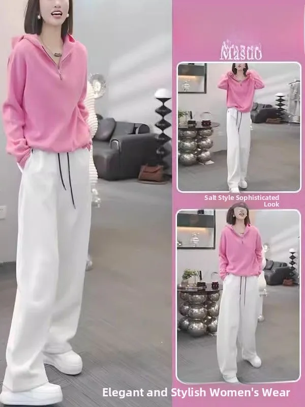 

Spring Autumn Pink Casual Sportswear Sweatshirt Set Women Anti Aging Stylish Slimming Wide Leg Pants Two Piece Set