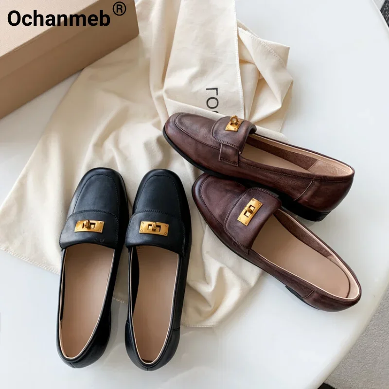 Ochanmeb Women Natural Real Leather Loafers Luxury Brand Metal Turn Lock Slip-ons Flat Shoes Round Toe Black Brown Flats Size 42