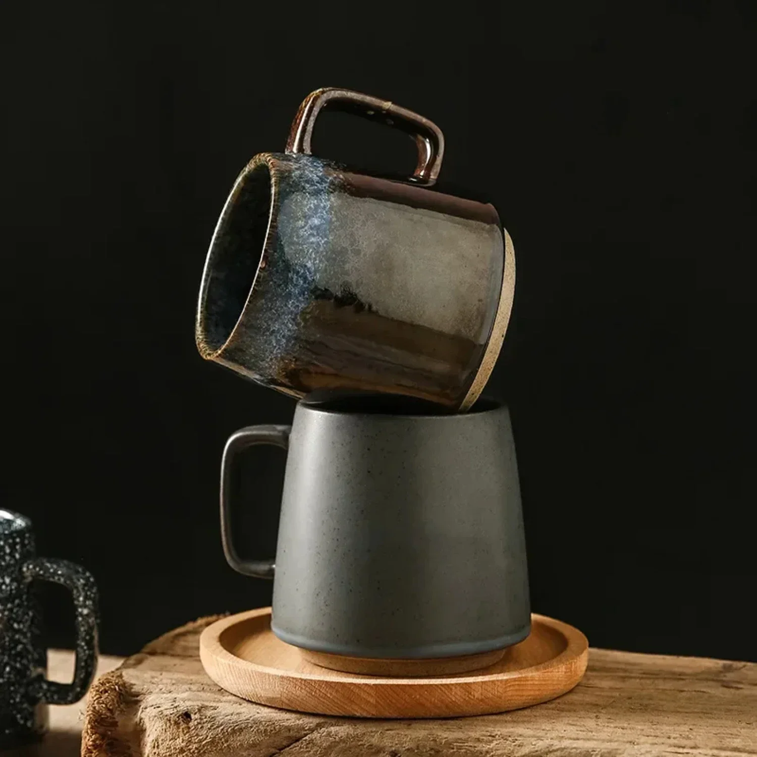 Retro ถ้วยกาแฟเซรามิคถ้วยอาหารเช้าแก้วเซรามิคหยาบชายามบ่ายหรูหราบนโต๊ะอาหารแก้ว