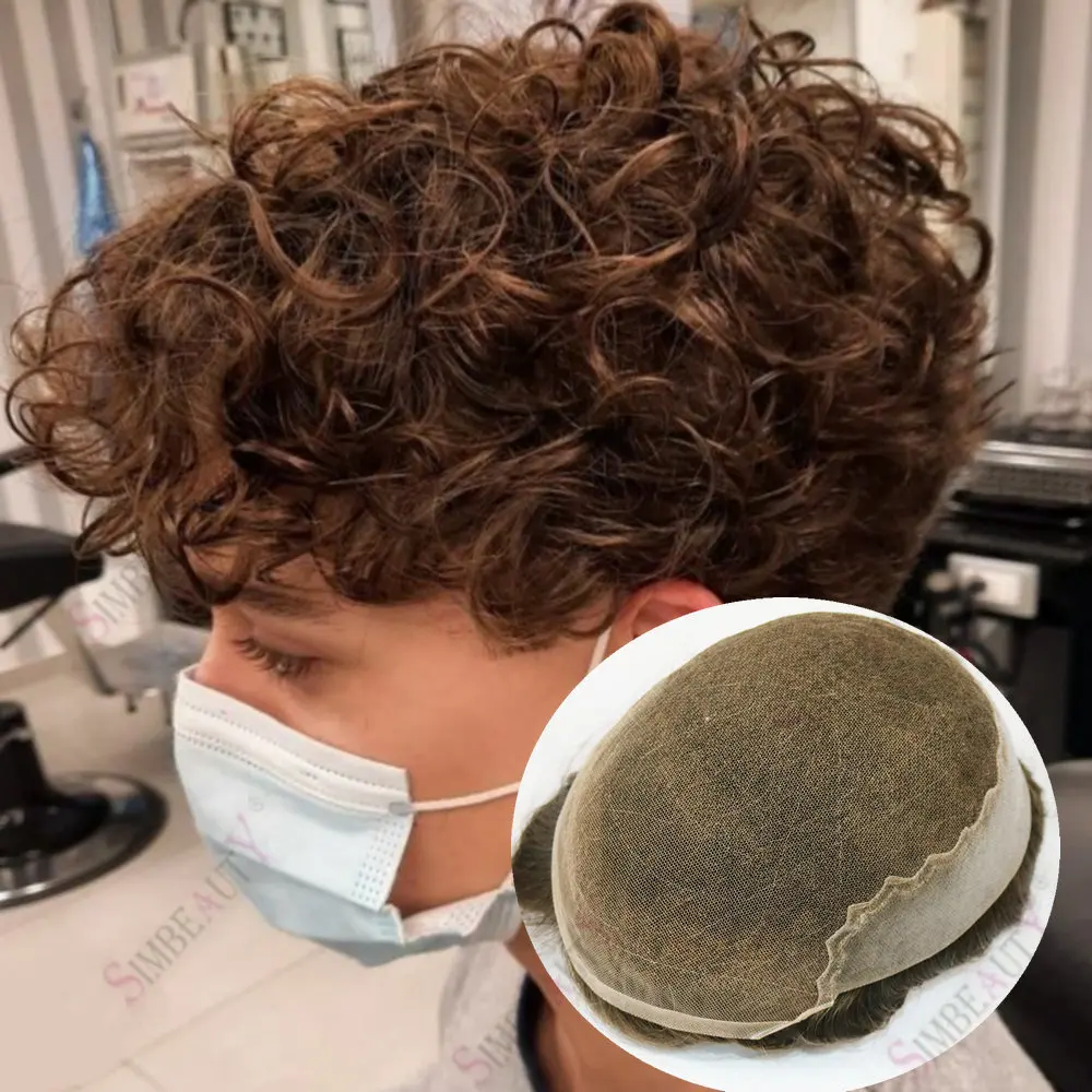 26mm Curly Natural Frontline Bleached Knot Lace Men Toupee Human Hair Wigs Replacement System Q6Base Swiss Lace Front Hairpiece