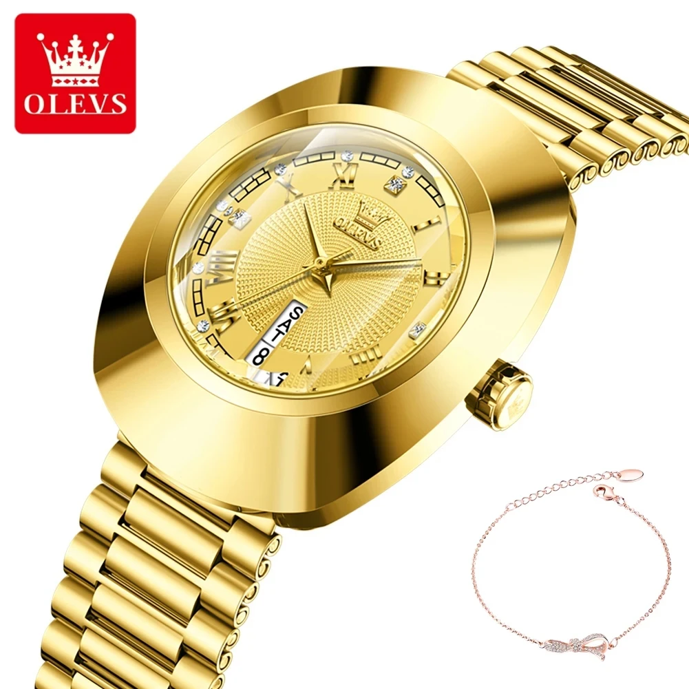 

OLEVS Luxury Quartz Watch for Women Large Dial Tungsten Steel Strap Top Brand Original Golden Women's Decoration Wristwatch 2024