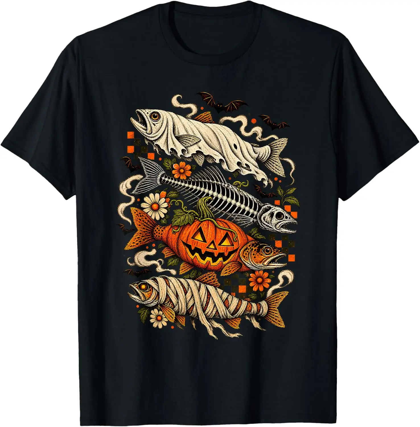 Halloween Fish Trout Spooky Pumpkin Mummy Skeleton Ghost T-Shirt Men's Spooky Halloween Graphic Print T‑Shirt, Crew Neck Short Sleeve Casual Cotton Tee For Holiday Party Daily Street Wear.