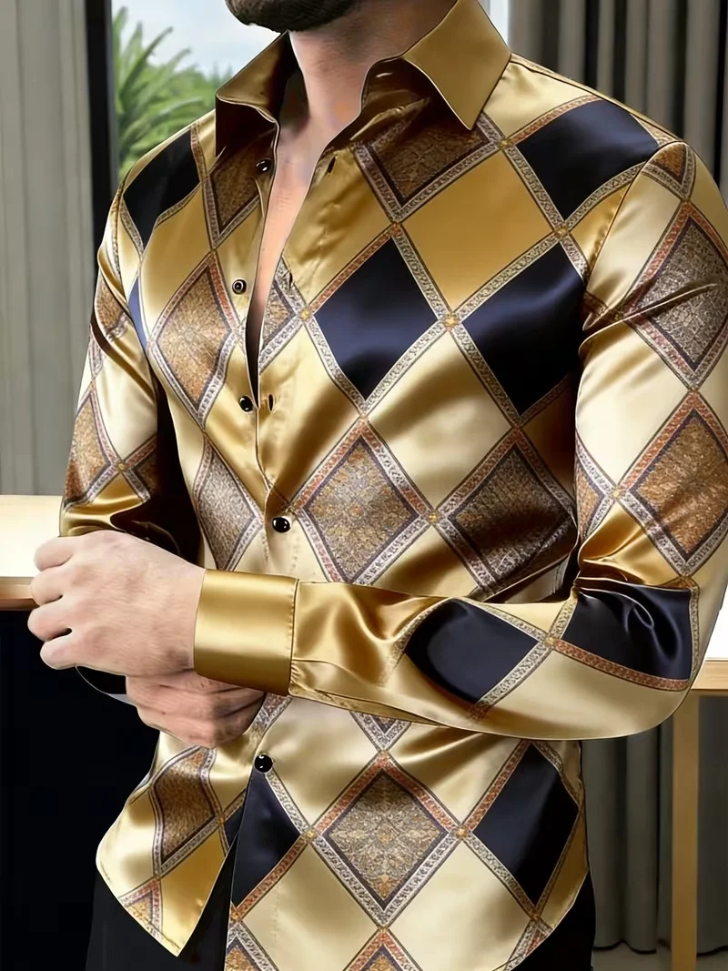 New gold, blue, diamond grid retro border 3D printed long sleeved shirt, light luxury men's business shirt