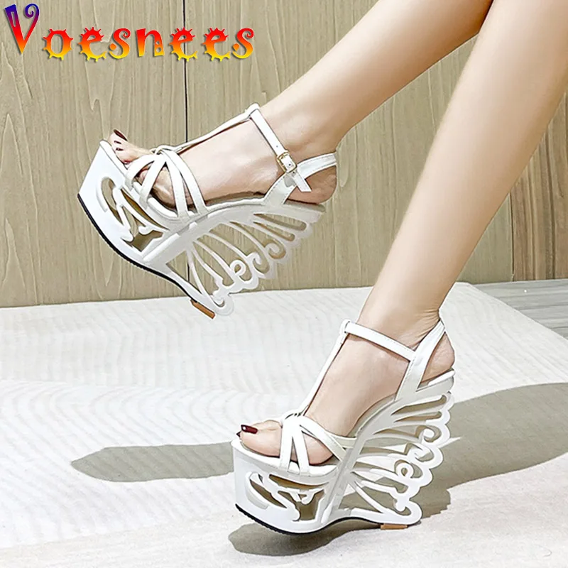 Super High Heel Sexy Hollow Out Design Wedge Sandals 2022 Fashion Thin Band Summer Women Pumps Plus Size 14.5CM Model Show Shoe