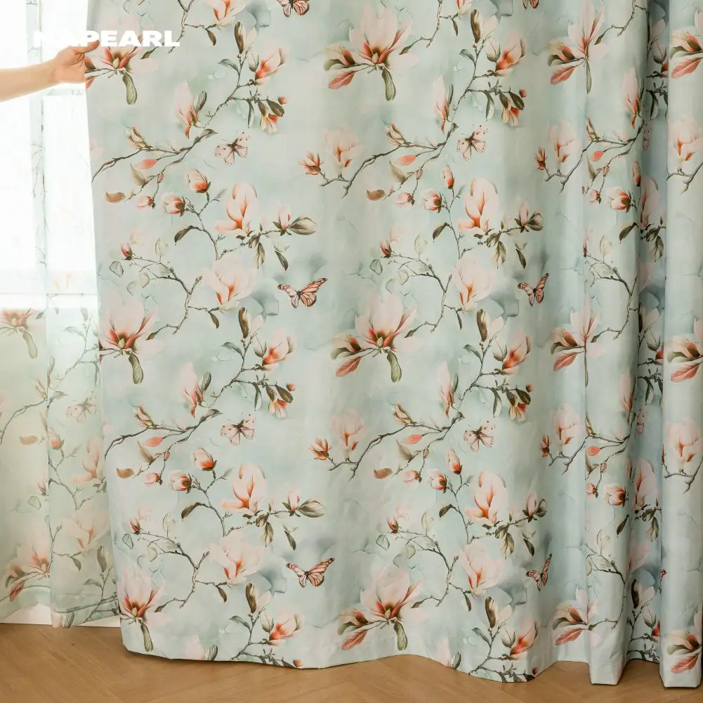 

1PC Floral Printed Curtains for Living Room Bedroom Light Green Magnolia Fabric Elegant 100% Blackout Home Decor