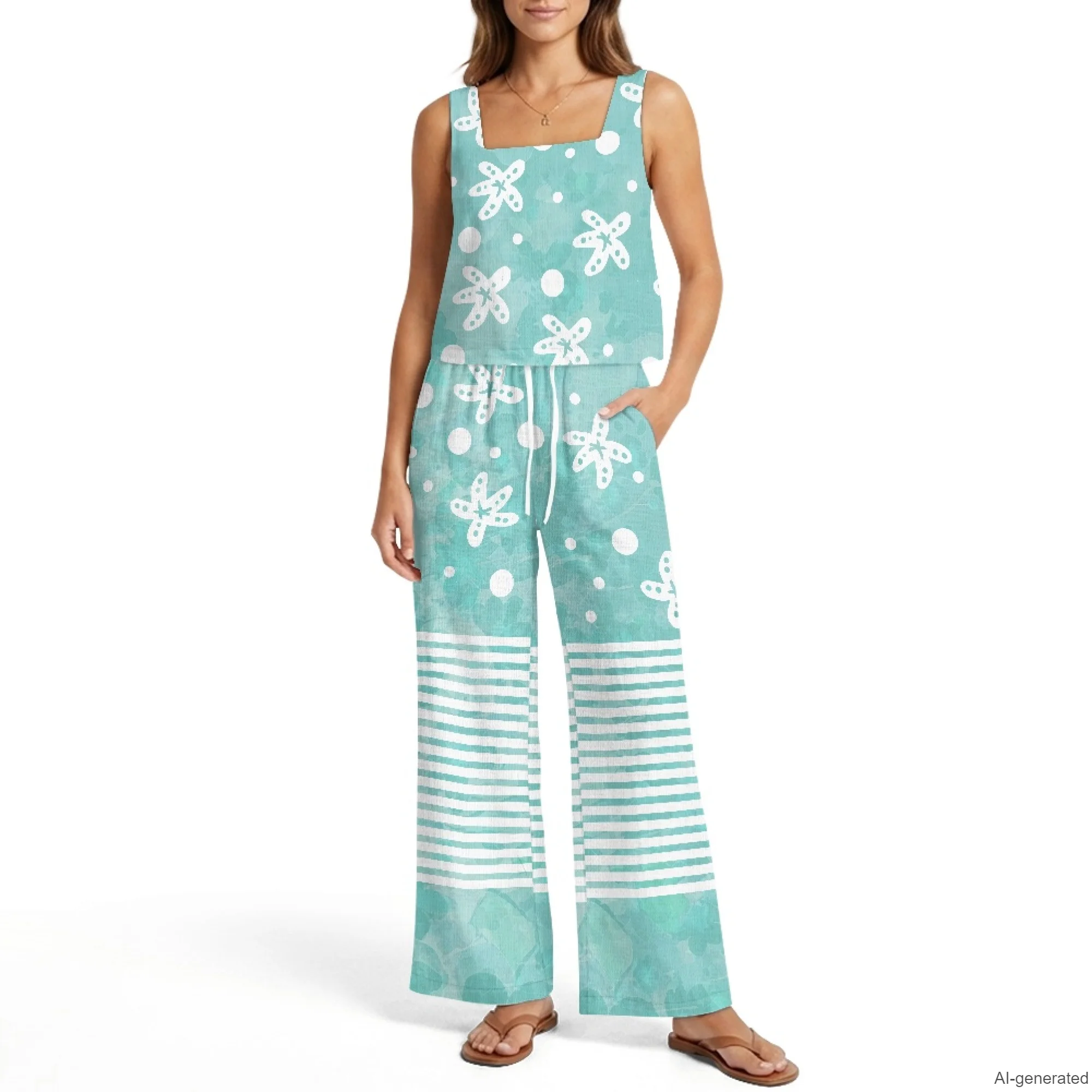 INSTANTARTS Women's Vest Wide-Leg Pants Linen Suit 2Pc Summer Casual Outfits Starfish Print Sleeveless Vest Wide Leg Pants S-2XL