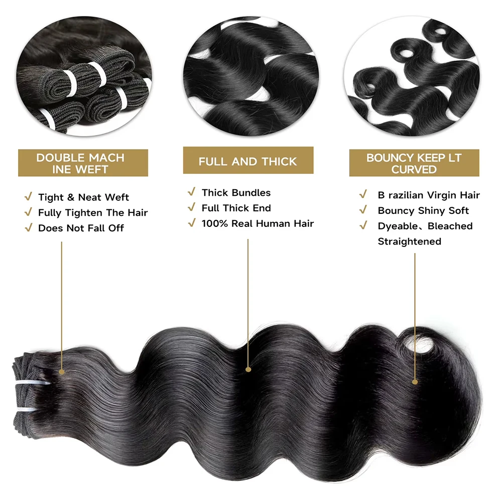 26 28 30 Inch Body Wave Human Hair Bundles 16A 100% Unprocessed Raw Virgin Human Hair Weave Extensions 30 40 Inch Natural Color Double Weft Remy Hair Weaving Pure Hair Bundles Wholesale For Black Women