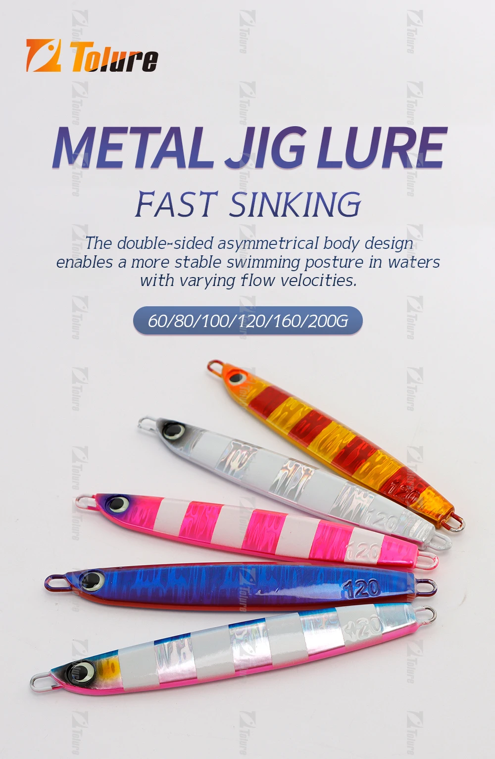 TOLU NEUE langsam sinkende Metall-Jig, 5 Farben, 3D-Augen, 60 g-200 g, langer Wurf, langsam sinkende Herbst-Jigs, Salzwasser-Tiefsee-Angelköder – Detail 1