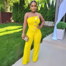 Sexy Off Shoulder Strapless Wide Leg Jumpsuit Women Night Club Outfit Party Sleeveless Button One Pieces Romper Overalls Elegant