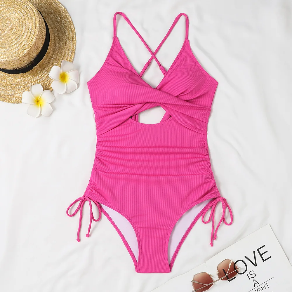 2025 Summer Women V Neck Sexy Hollow Out Sleeveless Bodysuit Swimwear One Piece Suit Bandage Lace-Up Solid Color Womens Clothes